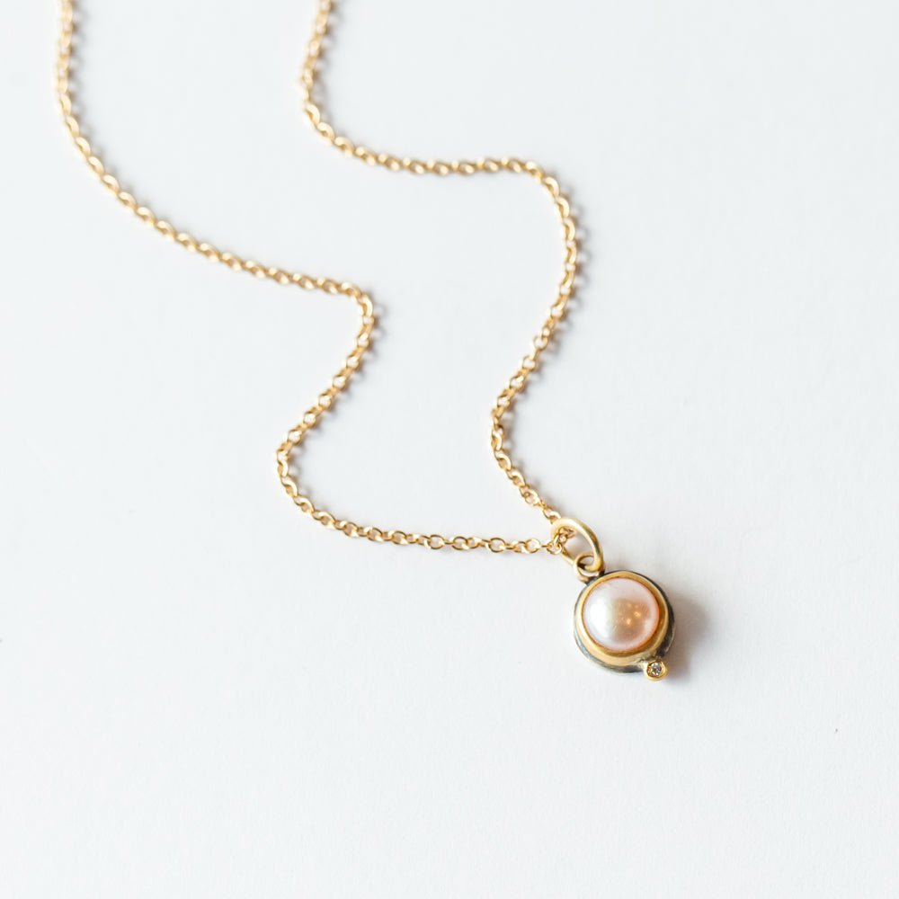 Small White Pearl Necklace with Diamond Dot