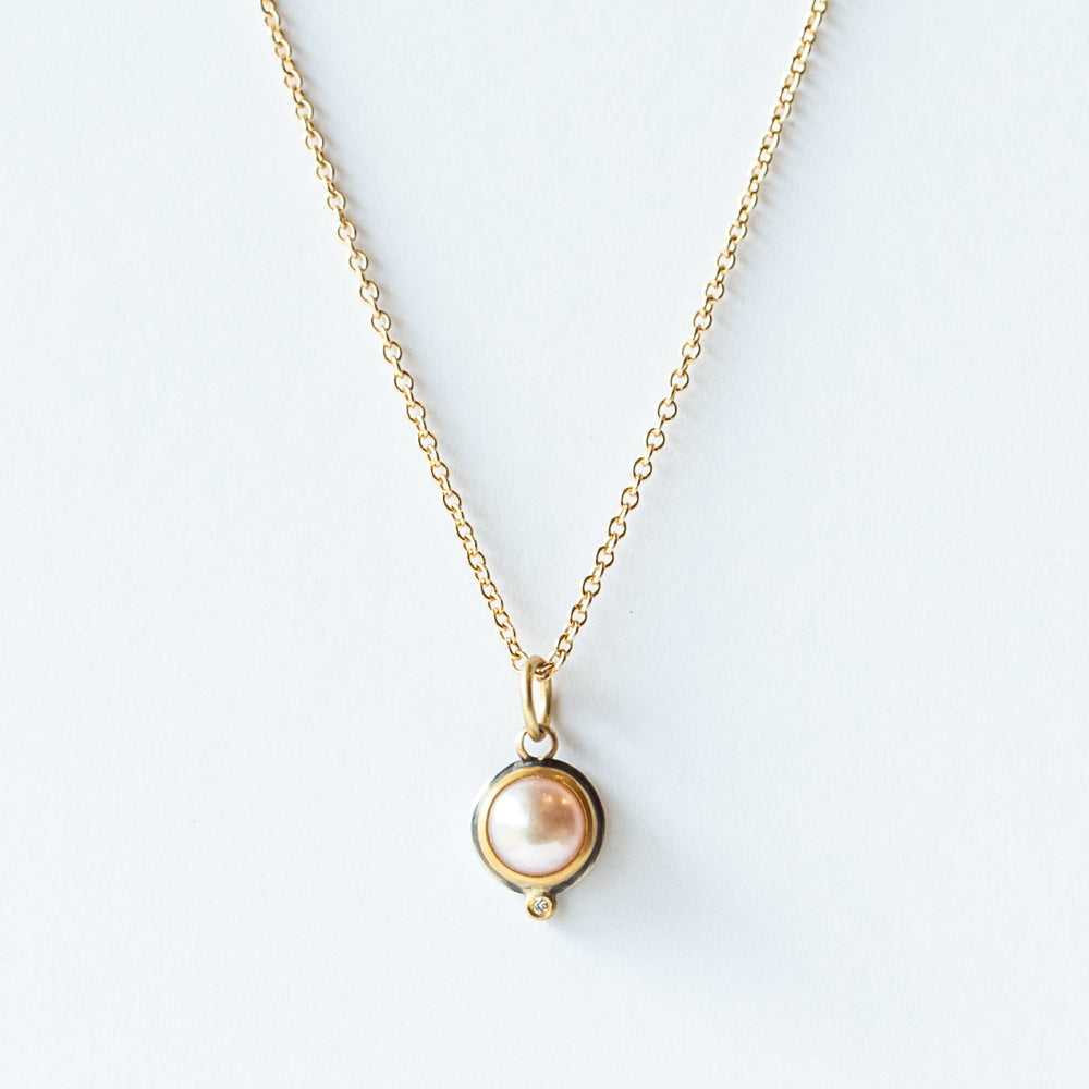 Small White Pearl Necklace with Diamond Dot