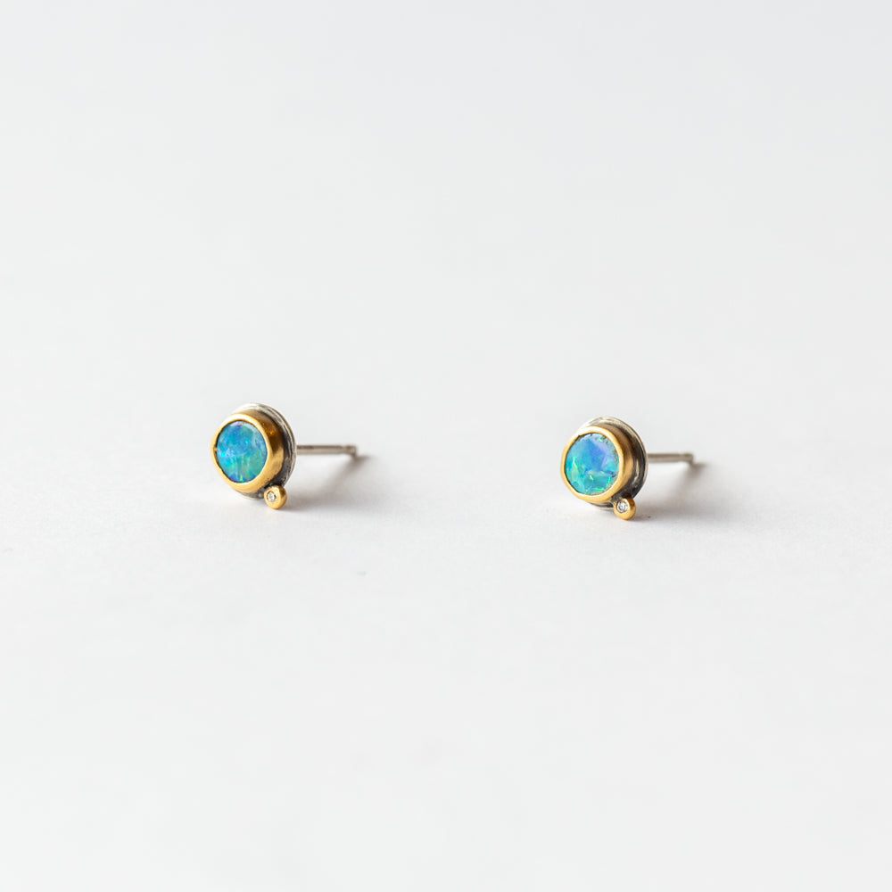 Tiny Round Opal Stud Earrings with Diamond Dot