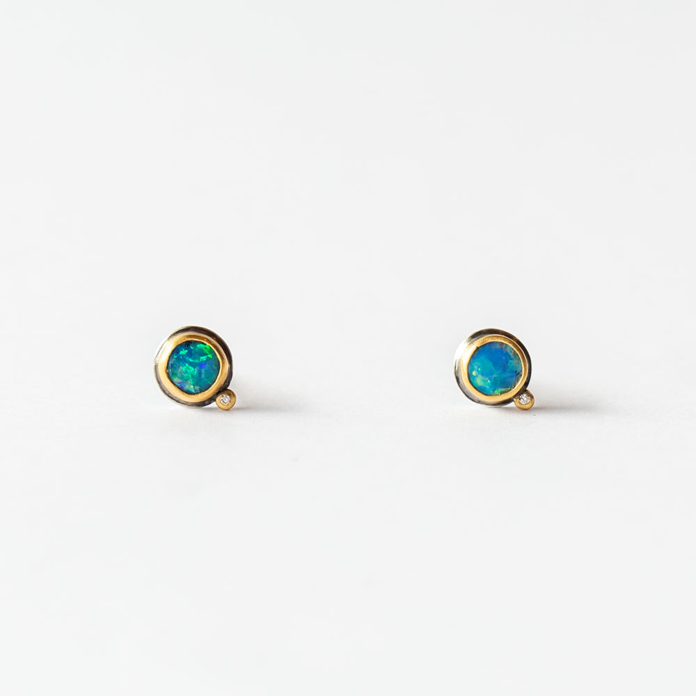 Tiny Round Opal Stud Earrings with Diamond Dot