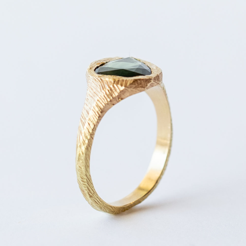 Pear Green Sapphire Hand-Carved Signet Ring