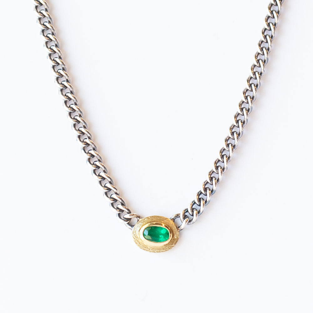 Horizontal Oval Emerald Curbed Link Necklace