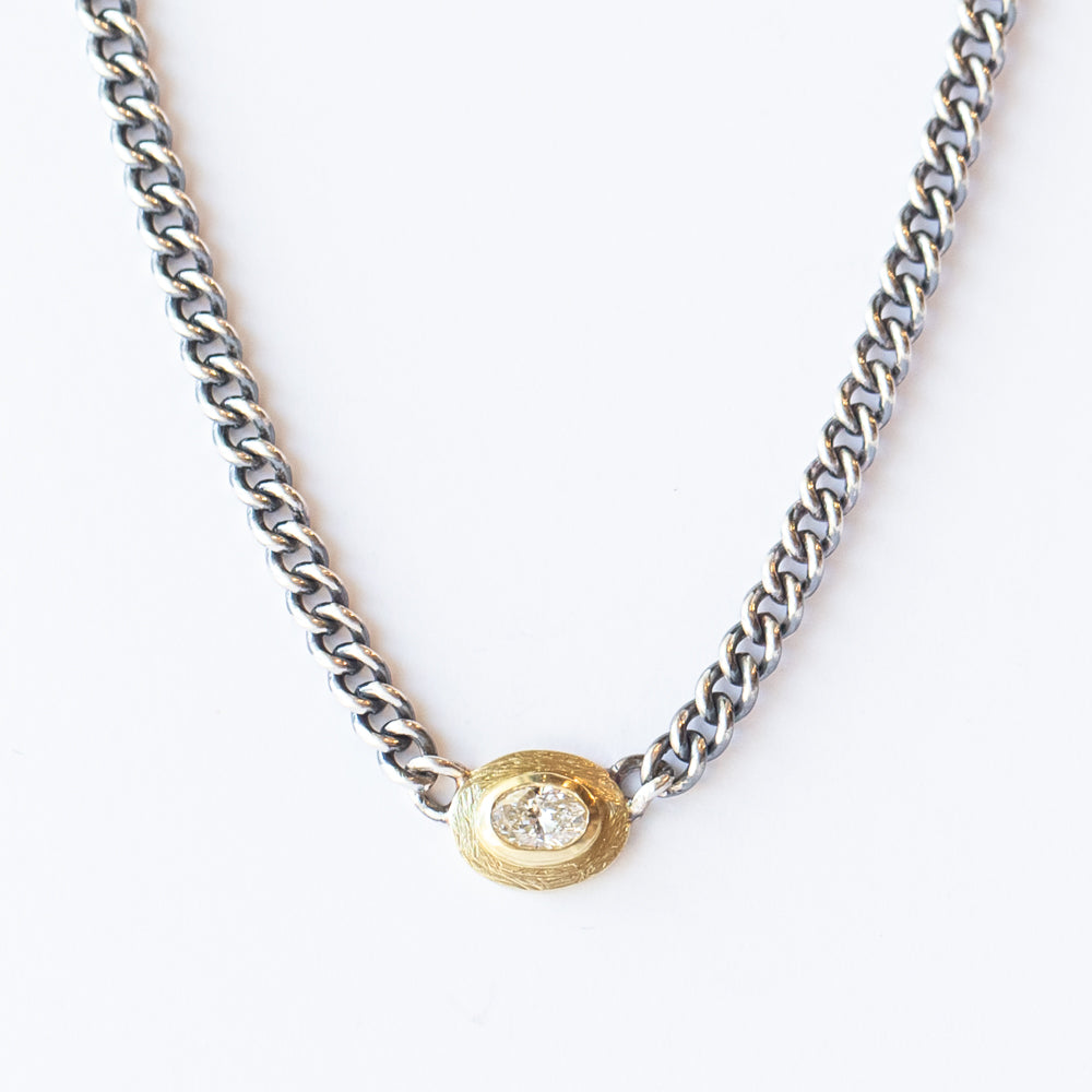 Horizontal Oval White Diamond Curbed Link Necklace