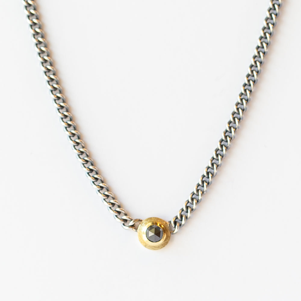 Round Rose Cut Black Diamond Curbed Link Necklace