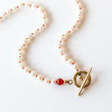 Round Pearl Toggle Necklace on Coral Thread