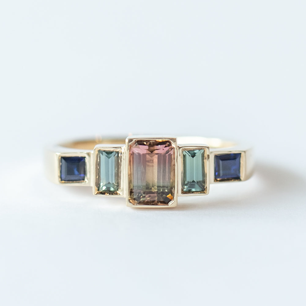 Tourmaline and Sapphire Five-Stone Steppe Ring