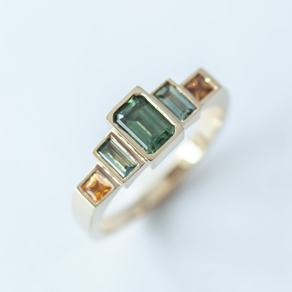 Green, Blue, Yellow Sapphire Five-Stone Steppe Ring