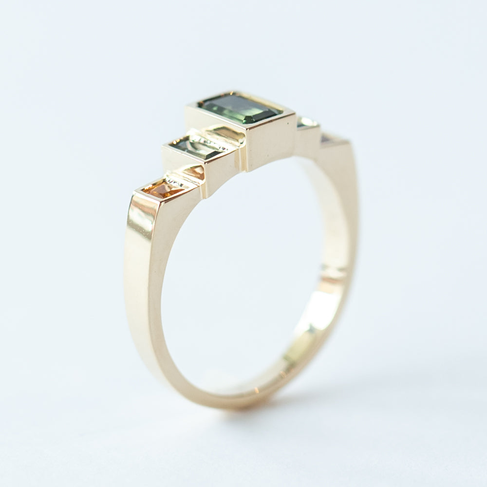 Green, Blue, Yellow Sapphire Five-Stone Steppe Ring