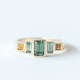 Green, Blue, Yellow Sapphire Five-Stone Steppe Ring