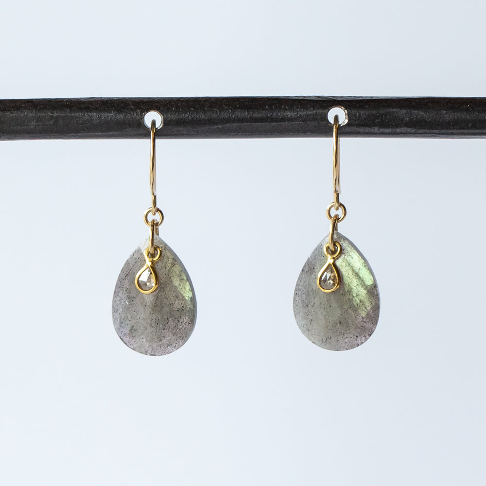 Labradorite Teardrop Earrings with Diamond Dangle
