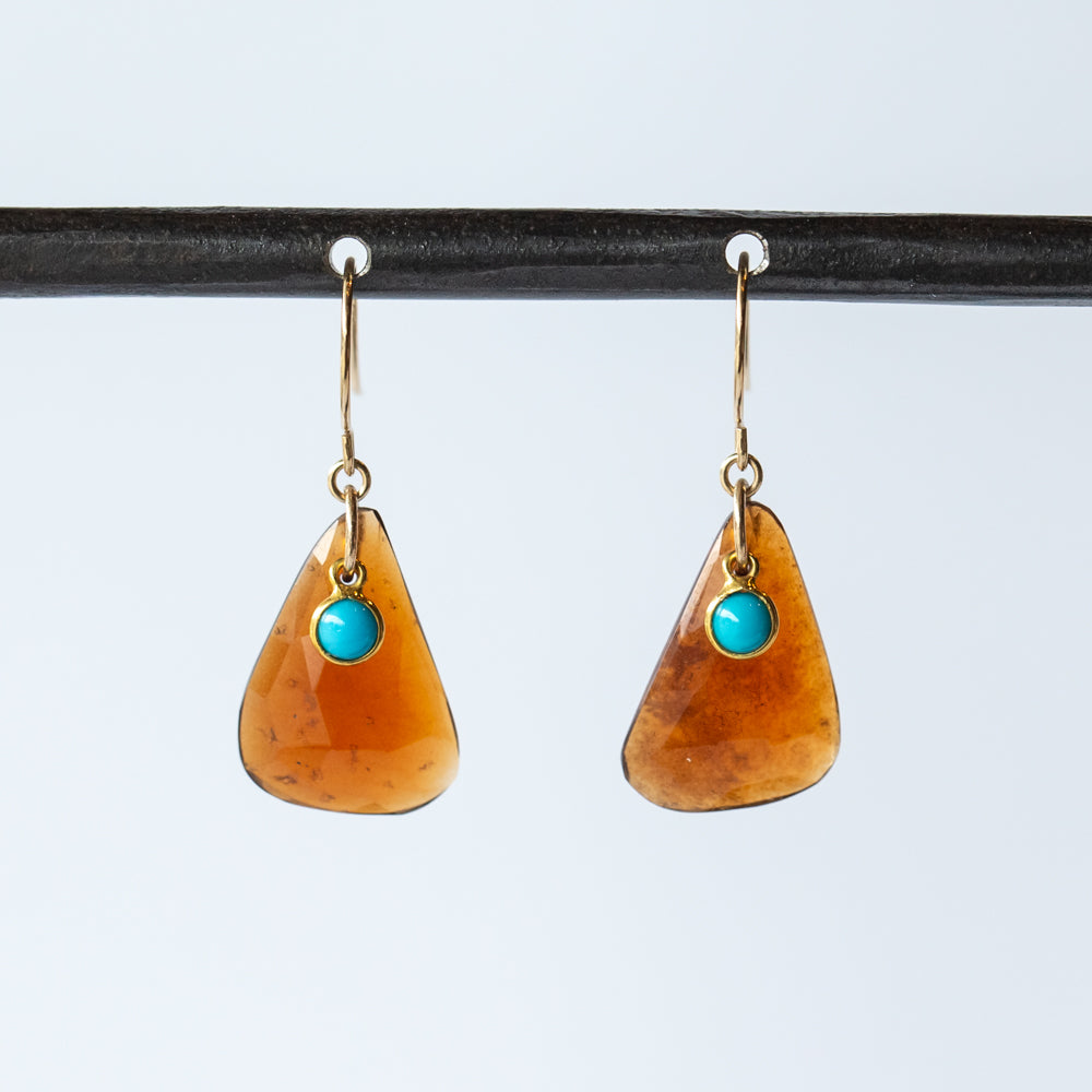 Triangular Hessonite Garnet Drop Earrings with Round Turquoise Dangles