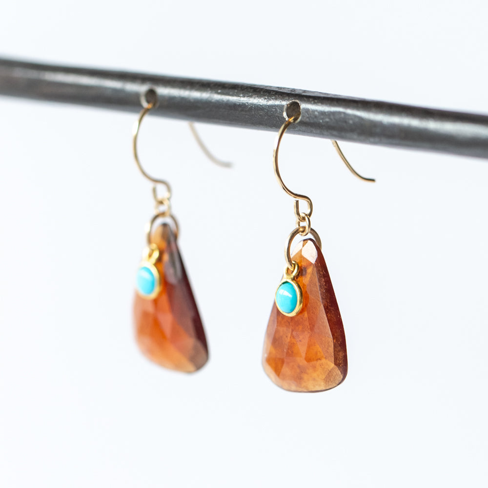 Triangular Hessonite Garnet Drop Earrings with Round Turquoise Dangles