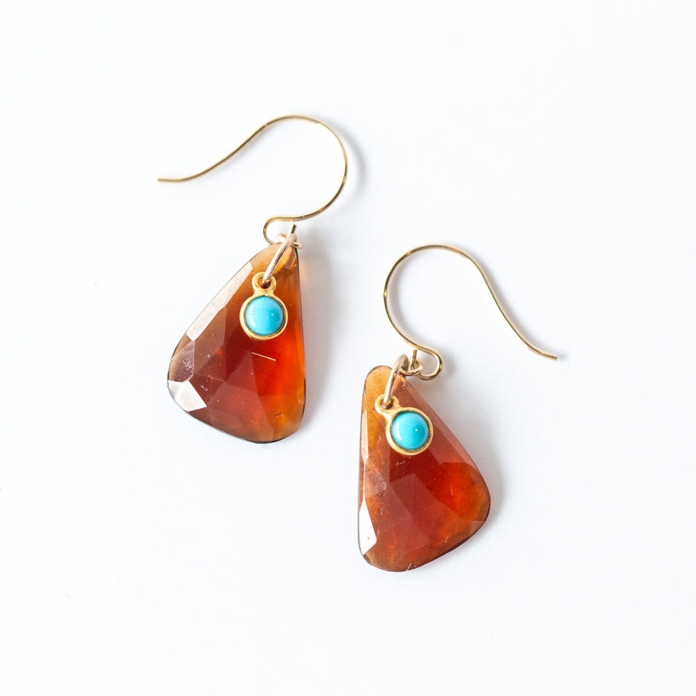 Triangular Hessonite Garnet Drop Earrings with Round Turquoise Dangles