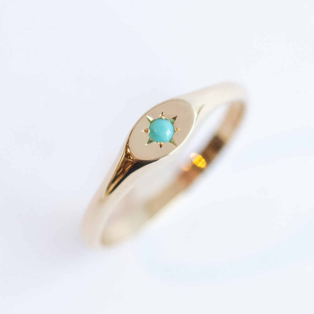 Small Star Set Turquoise Oval Signet Ring