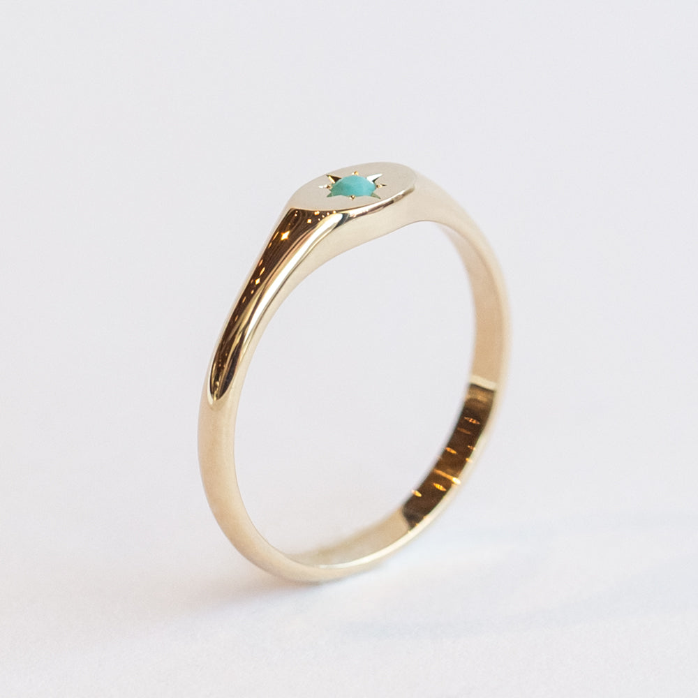Small Star Set Turquoise Oval Signet Ring