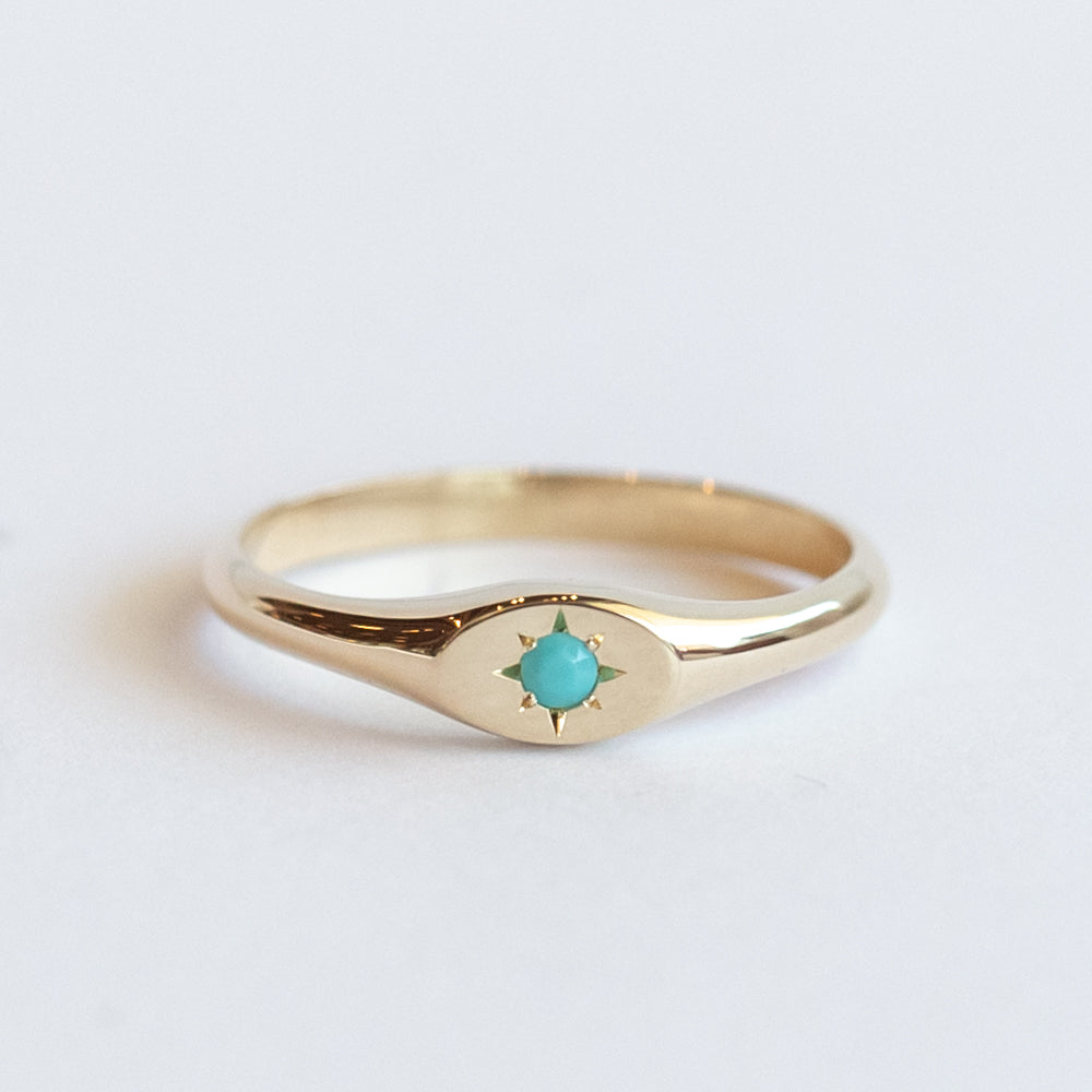 Small Star Set Turquoise Oval Signet Ring