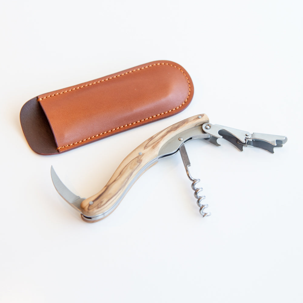 Olive Wood Corkscrew in Leather Pouch