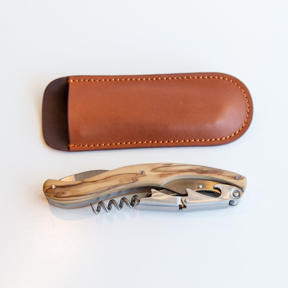 Olive Wood Corkscrew in Leather Pouch
