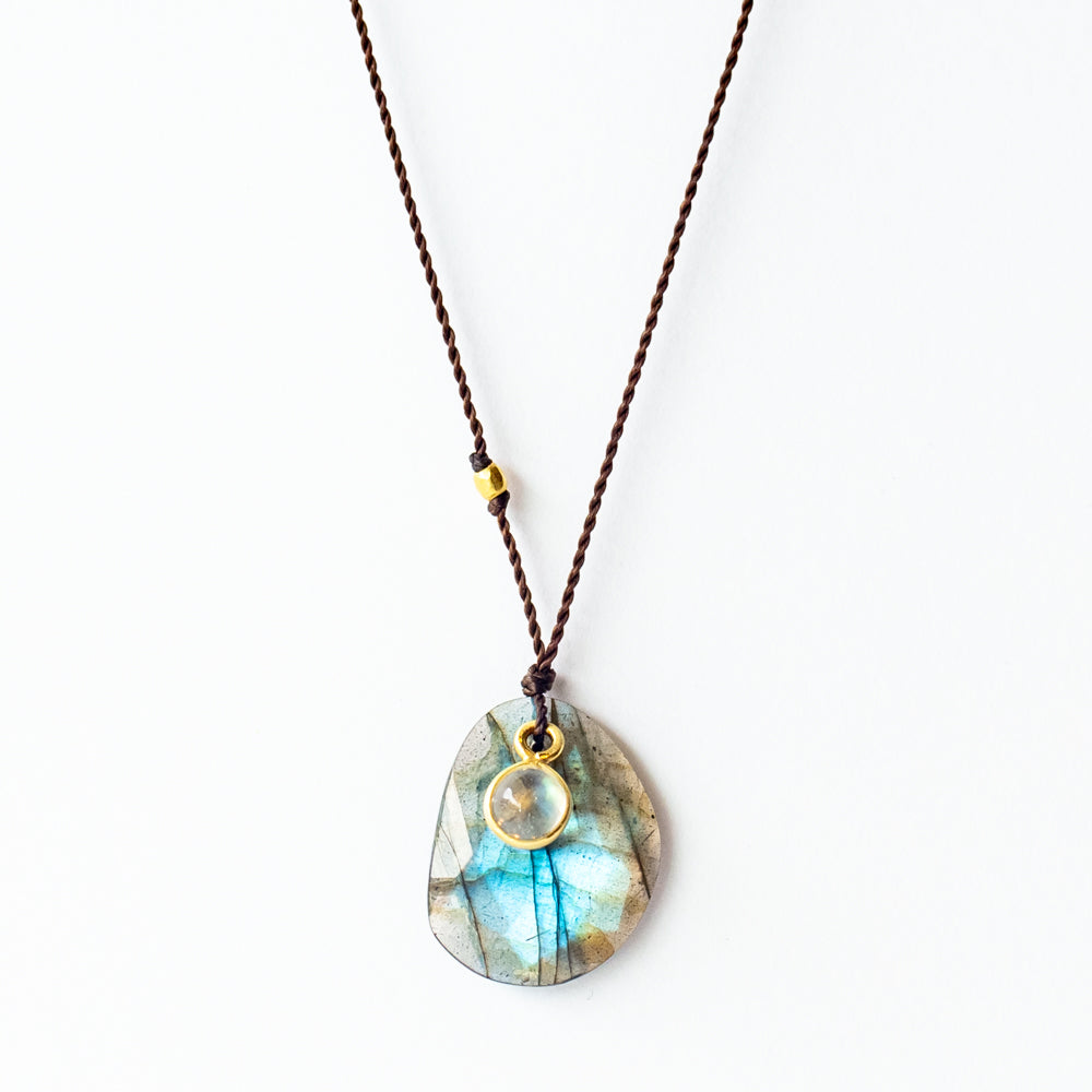 Asymmetrical Labradorite Necklace with Bezel Moonstone Dangle