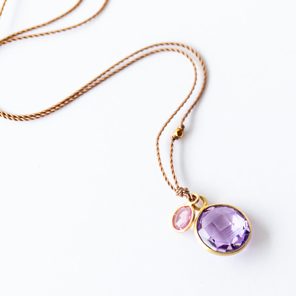 Round Amethyst Necklace with Oval Pink Sapphire Dangle