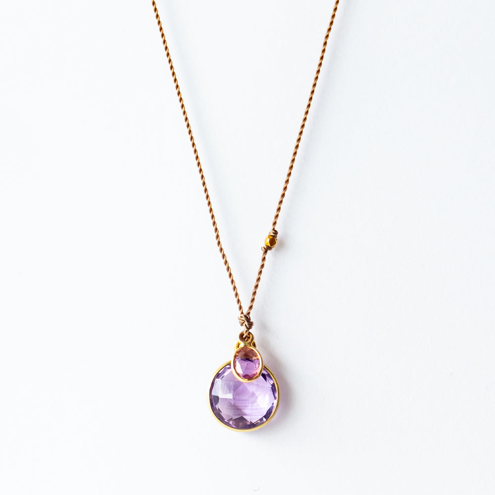 Round Amethyst Necklace with Oval Pink Sapphire Dangle