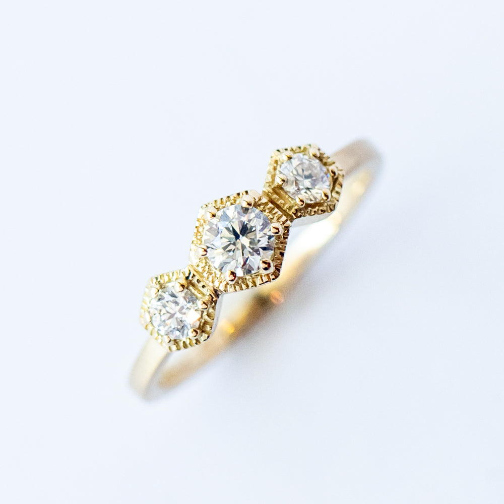 Classic White Diamond Three-Stone Hexagon Ring