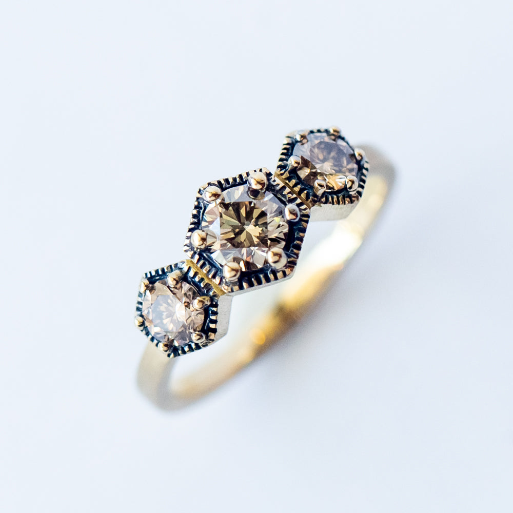 Queen Brown Diamond Three-Stone Hexagon Ring