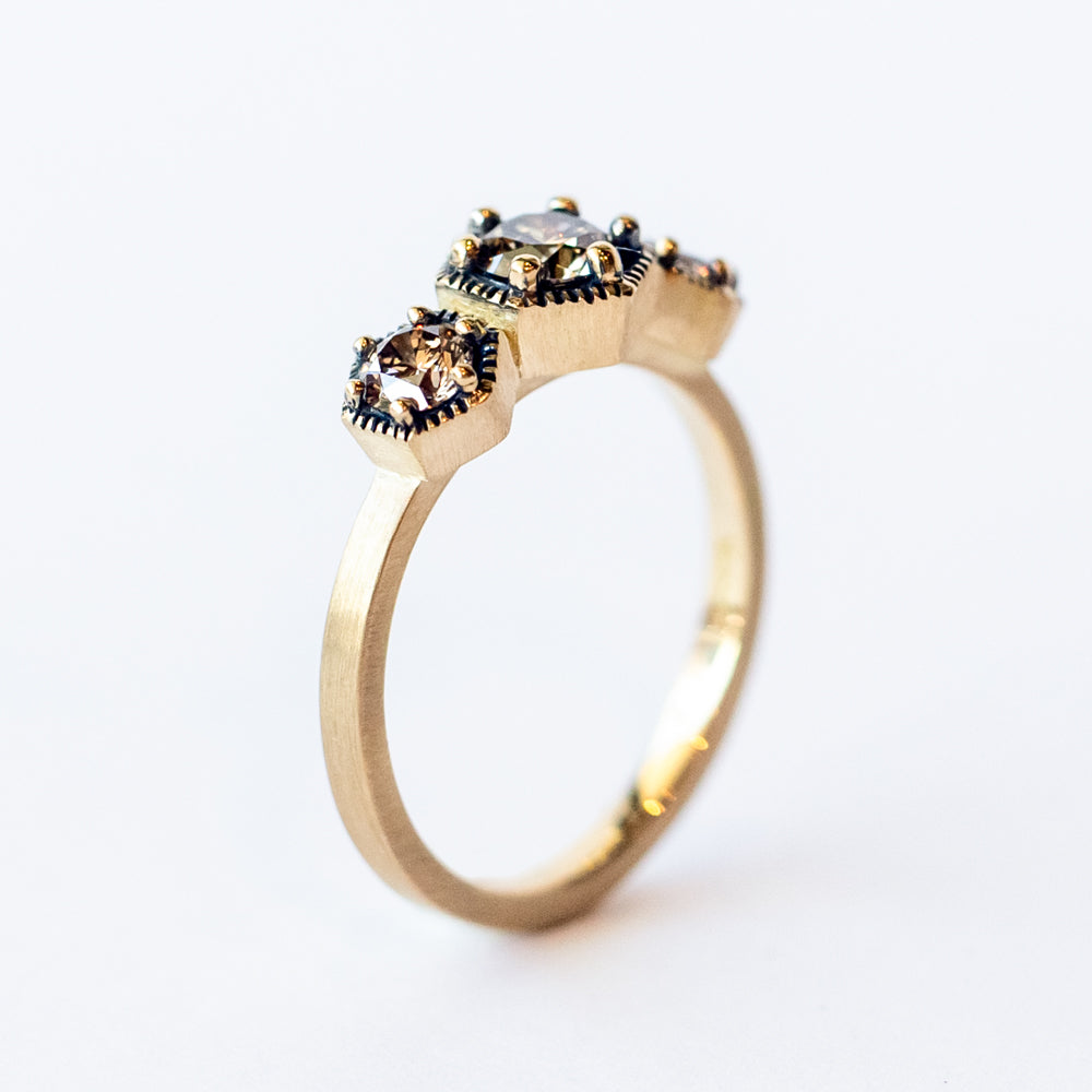 Queen Brown Diamond Three-Stone Hexagon Ring
