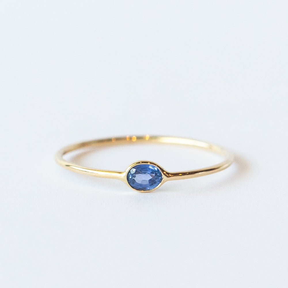 Tiny Horizontal Oval Blue Sapphire Ring