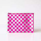 Medium Zip Pouch, Fluoro Fuchsia Check