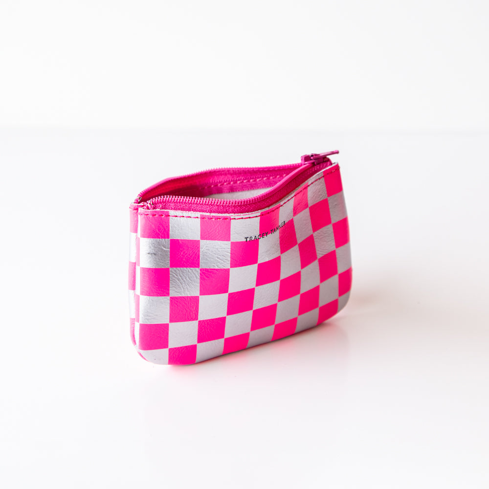 X Small Zip Pouch, Pink and Silver Check