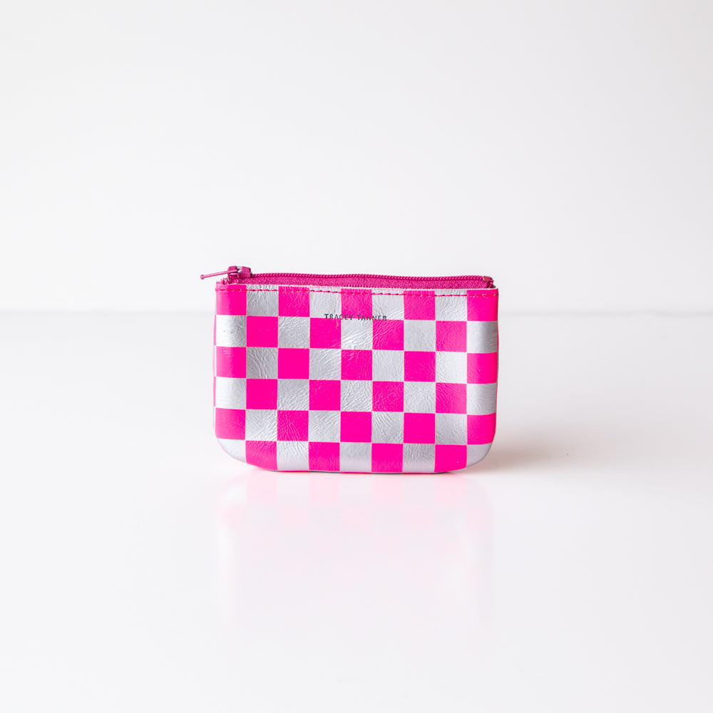 X Small Zip Pouch, Pink and Silver Check
