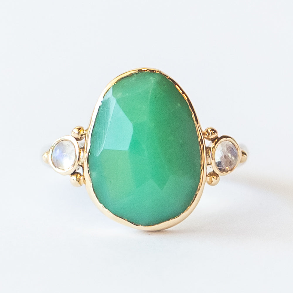 Asymmetrical Chrysoprase Ring with Accent Moonstones
