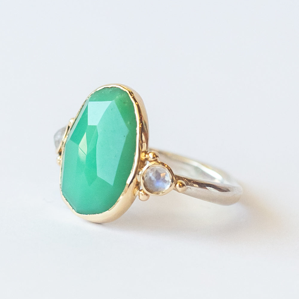 Asymmetrical Chrysoprase Ring with Accent Moonstones