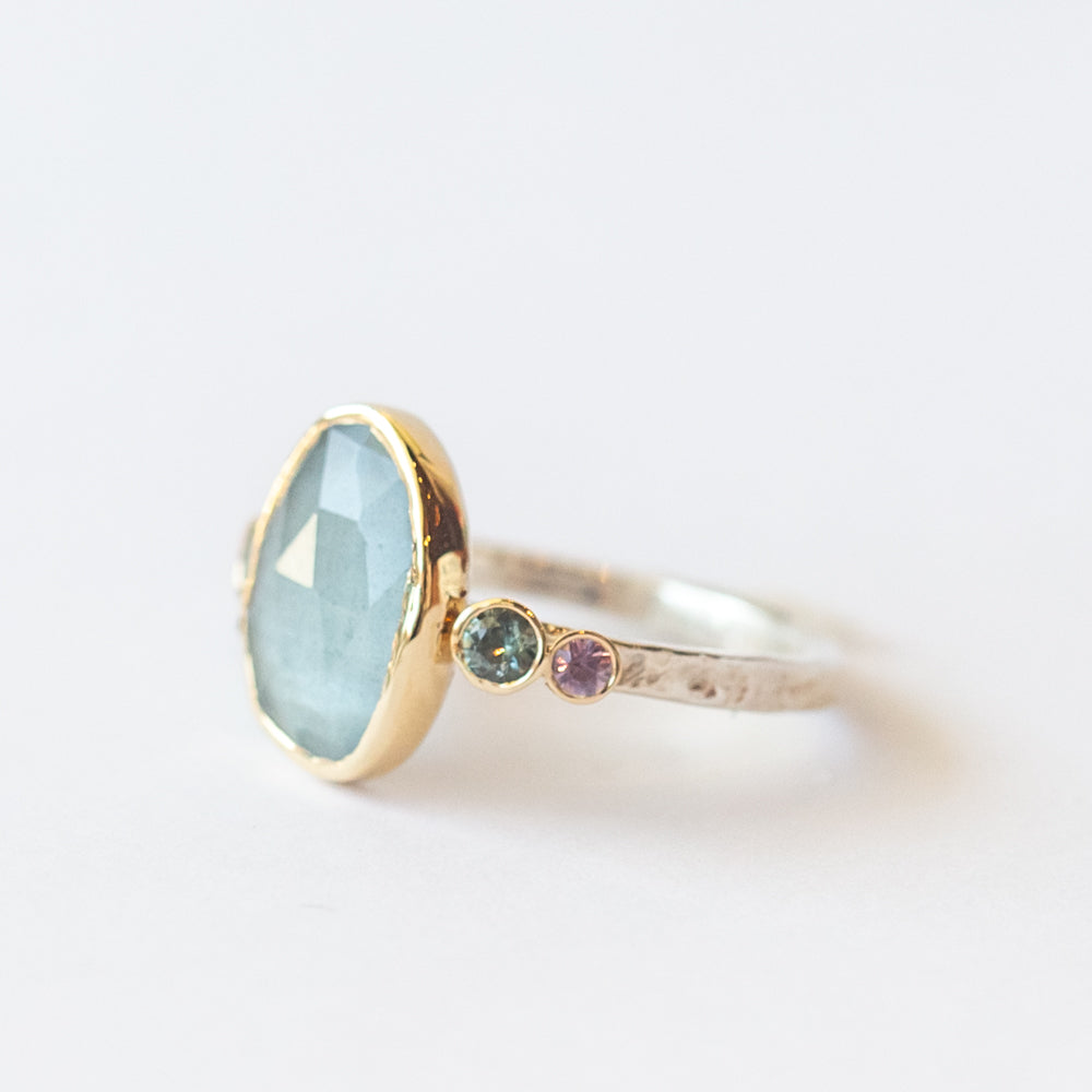 Asymmetrical Oval Aquamarine Ring with Sapphires