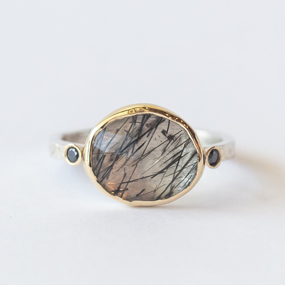 Black Tourmalinated Quartz Ring with Accent Black Diamonds