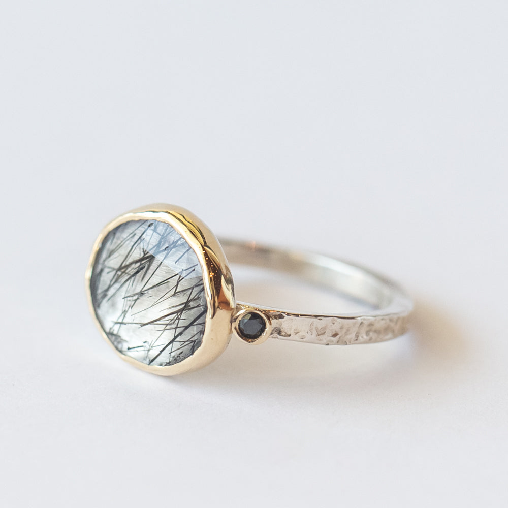 Black Tourmalinated Quartz Ring with Accent Black Diamonds