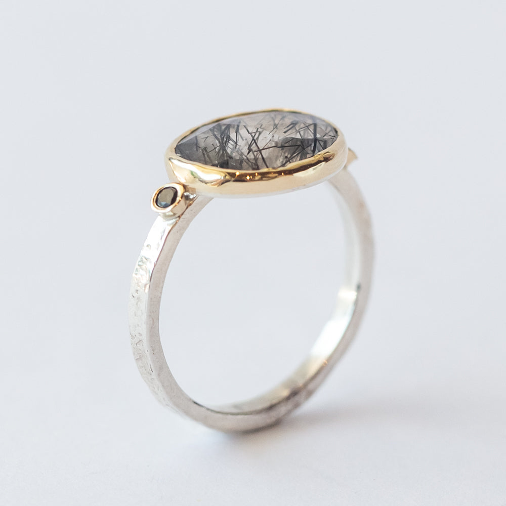 Black Tourmalinated Quartz Ring with Accent Black Diamonds