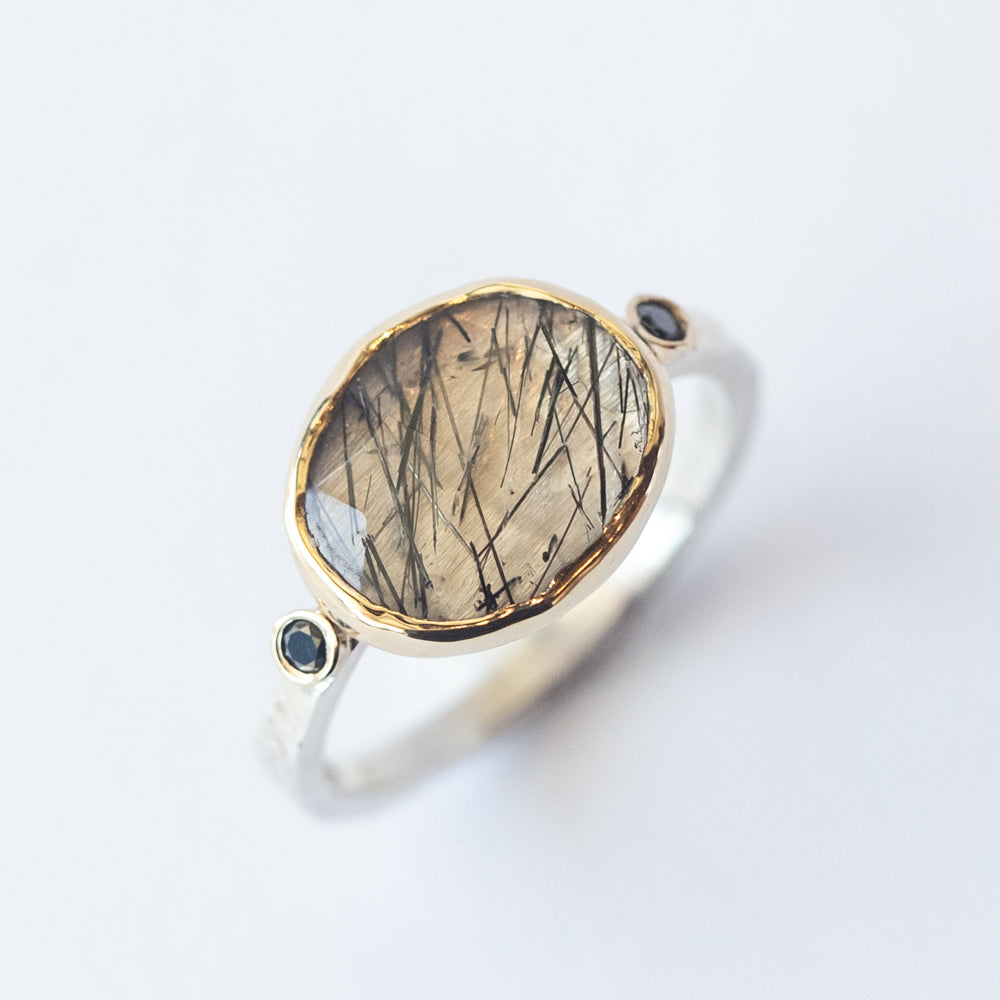 Black Tourmalinated Quartz Ring with Accent Black Diamonds