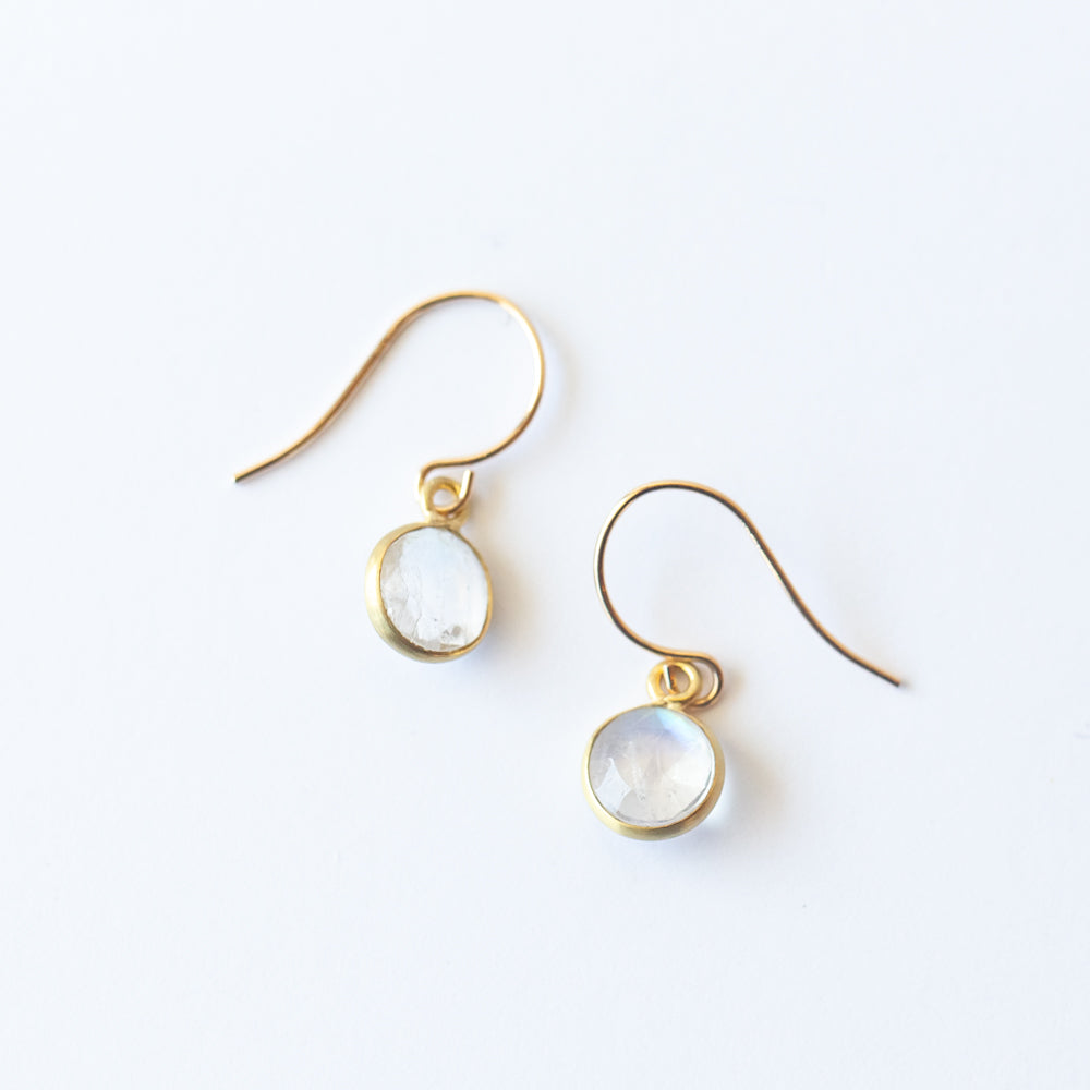 Small Round Rainbow Moonstone Drop Earrings