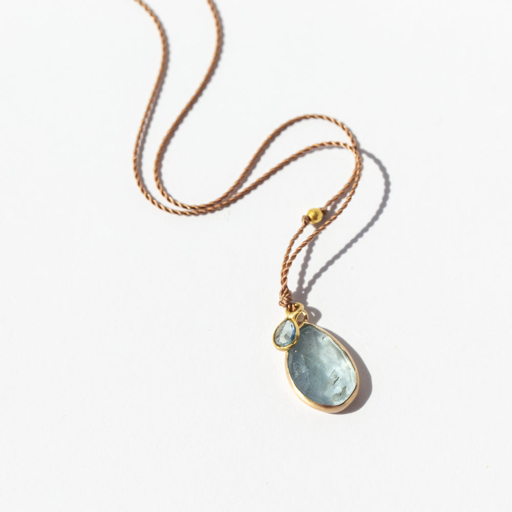 Aquamarine Teardrop Cord Necklace with Tiny Teal Beryl Teardrop Dangle