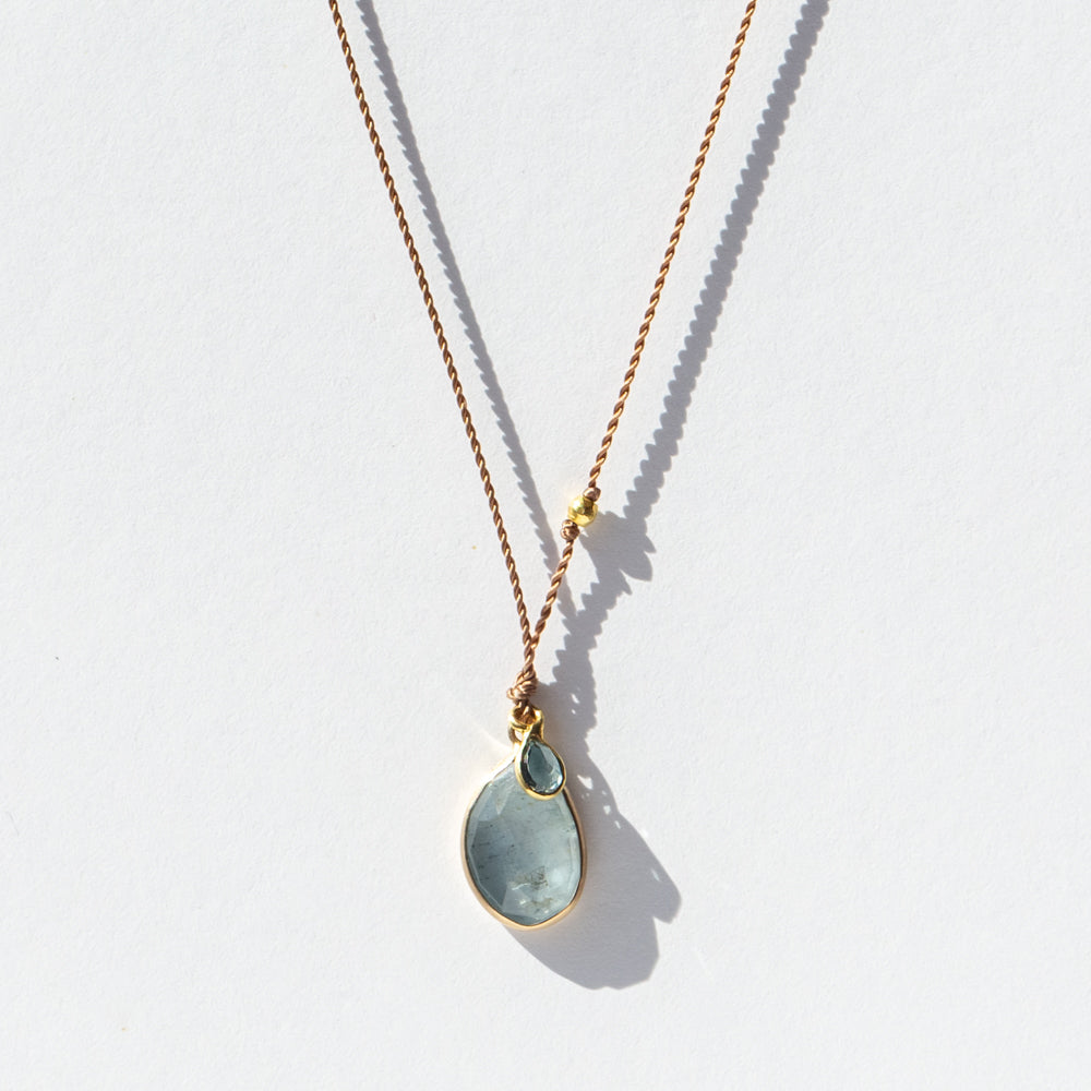 Aquamarine Teardrop Cord Necklace with Tiny Teal Beryl Teardrop Dangle