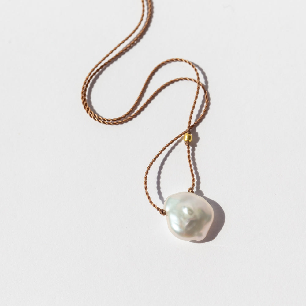 Asymmetrical Teardrop White Keshi Pearl Cord Necklace