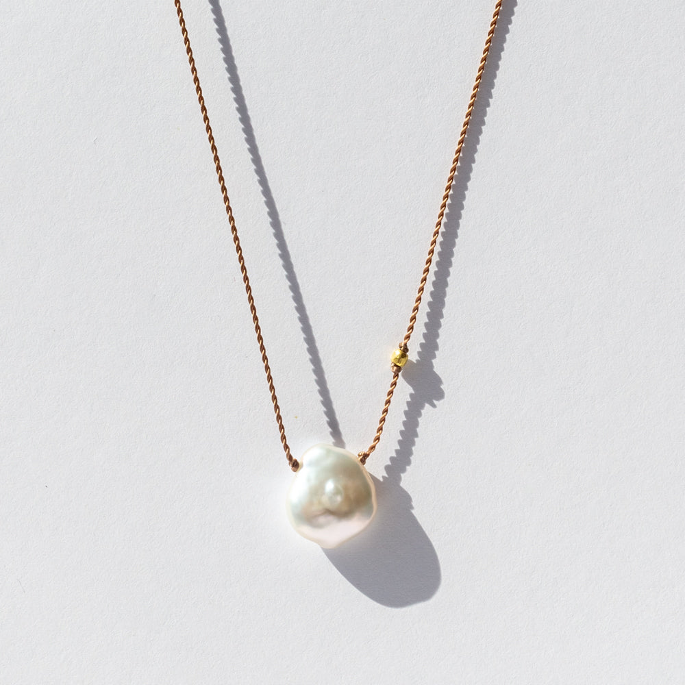 Asymmetrical Teardrop White Keshi Pearl Cord Necklace