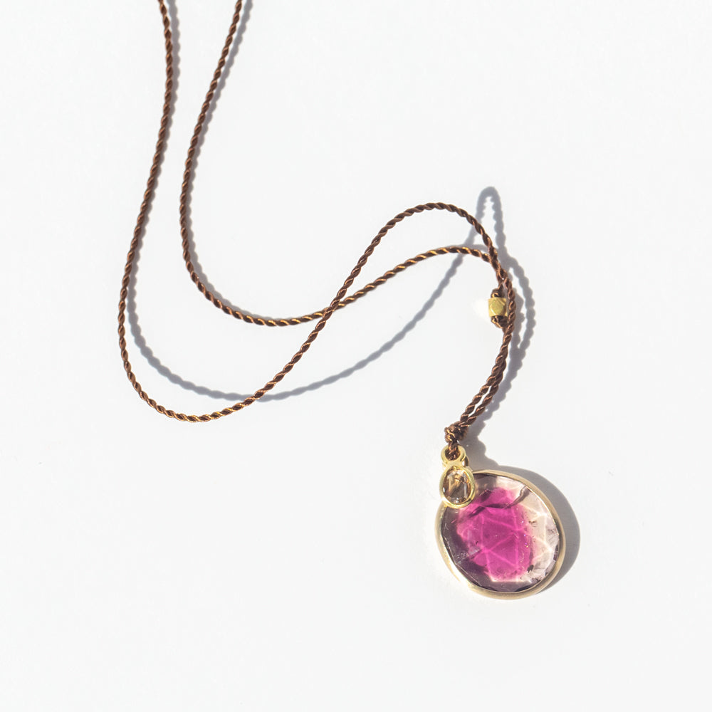Asymmetrical Watermelon Tourmaline Cord Necklace with Tiny Oval Diamond Dangle