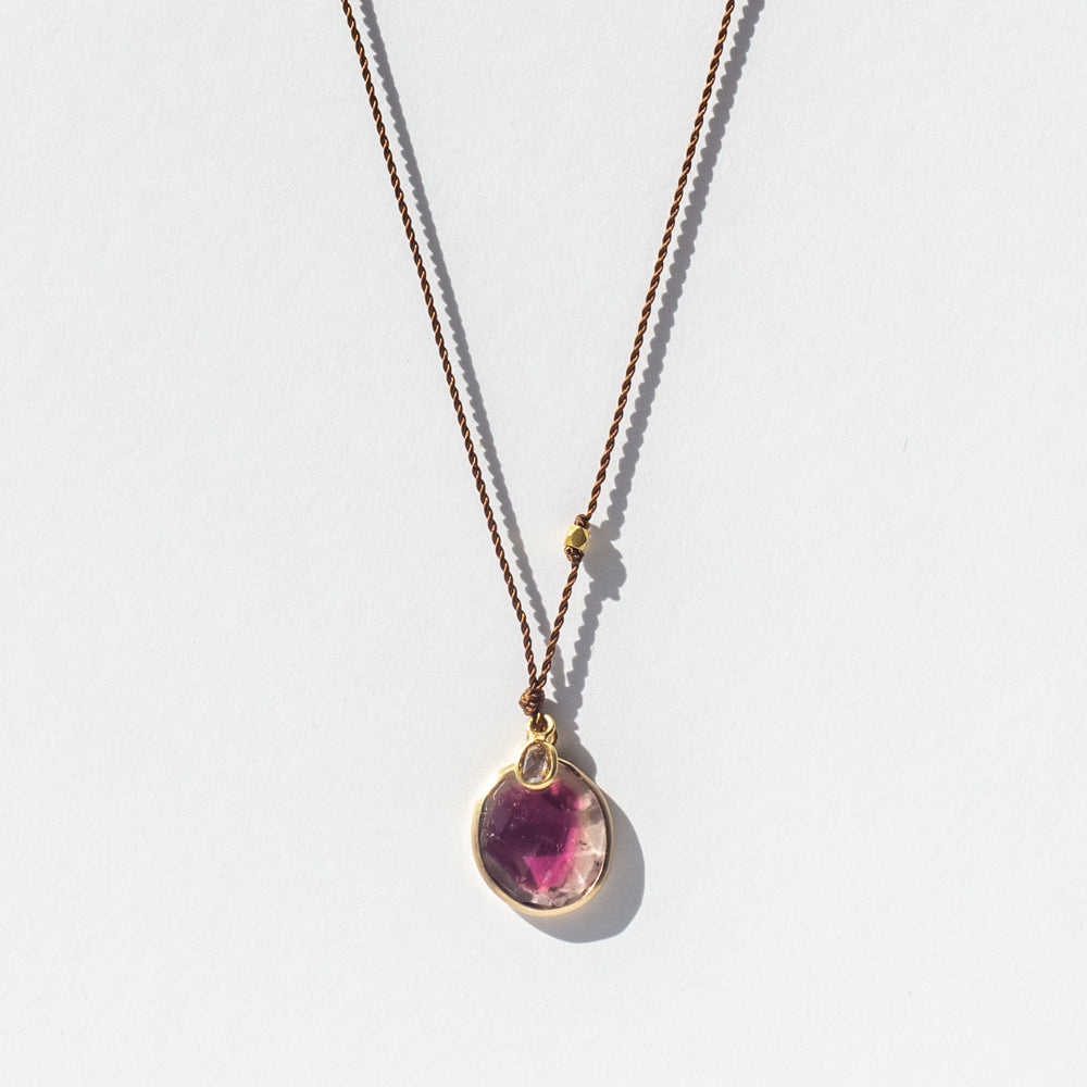 Asymmetrical Watermelon Tourmaline Cord Necklace with Tiny Oval Diamond Dangle