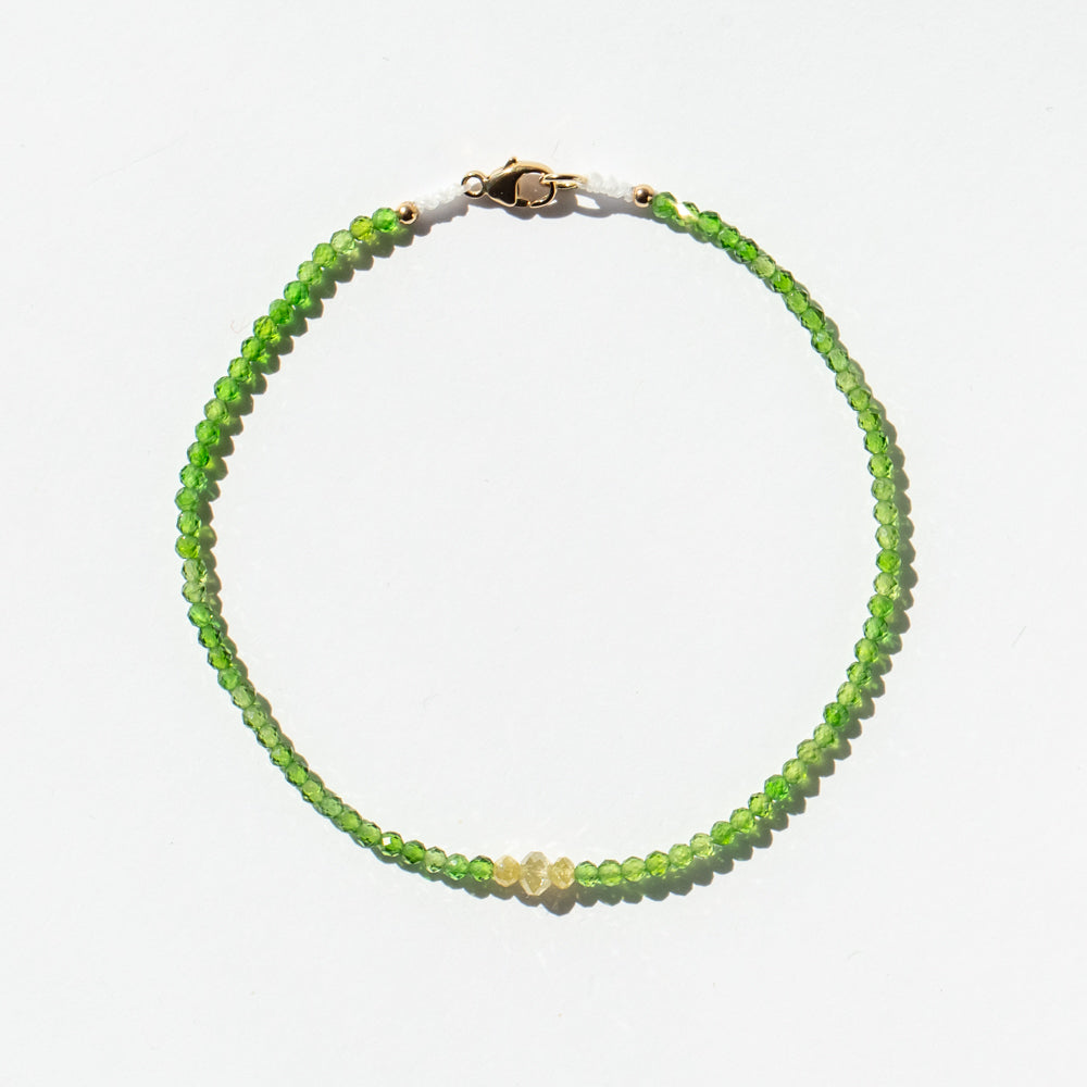 Chrome Diopside Beaded Bracelet with Three Diamond Beads