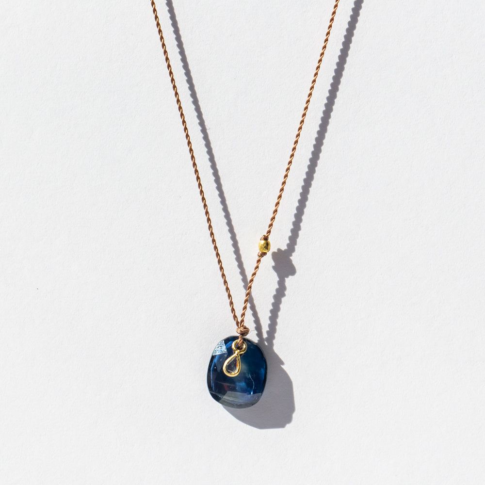 Cushion Kyanite Cord Necklace with Tiny Teardrop Diamond Dangle