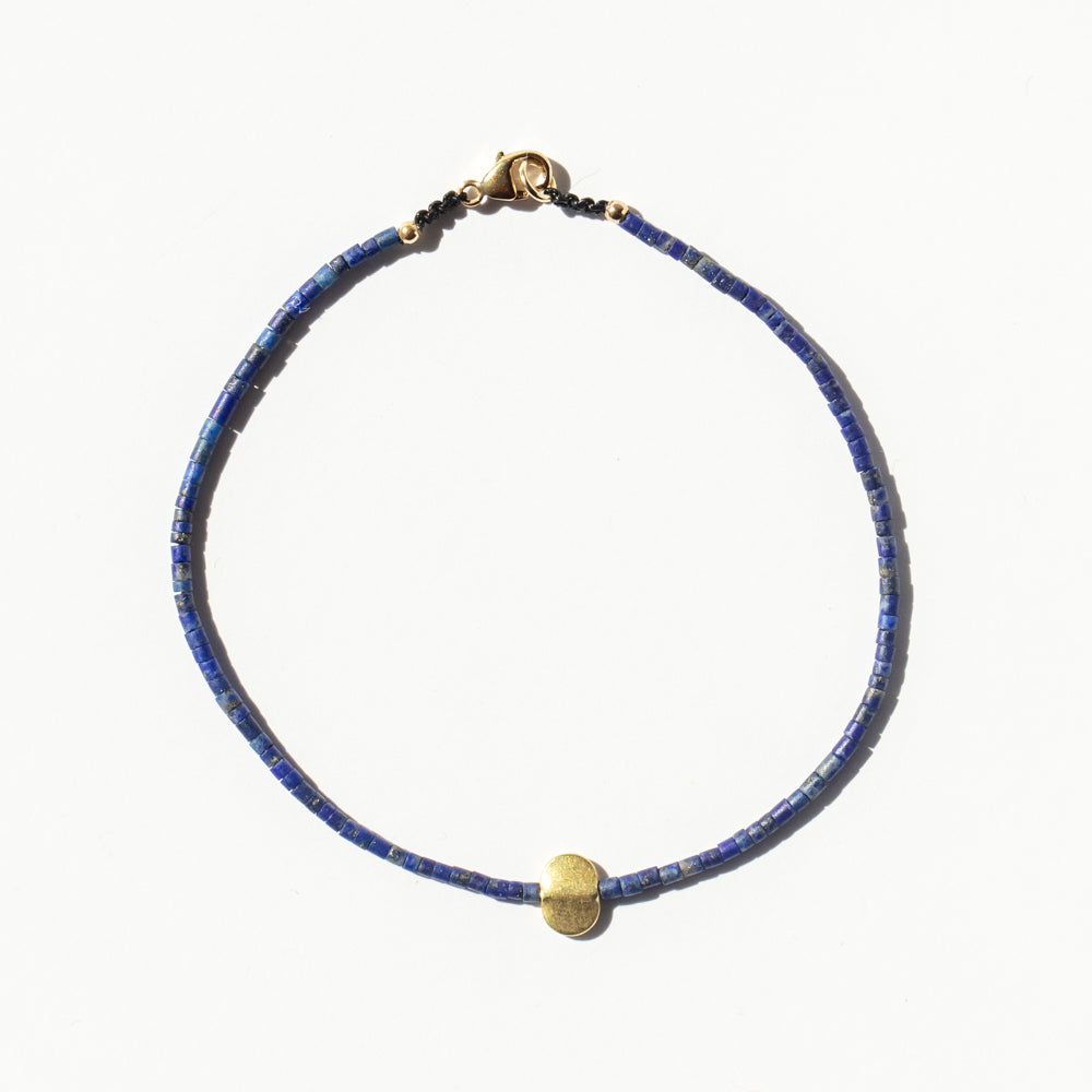 Dark Lapis Tube Beaded Bracelet with Oval Flat Gold Bead