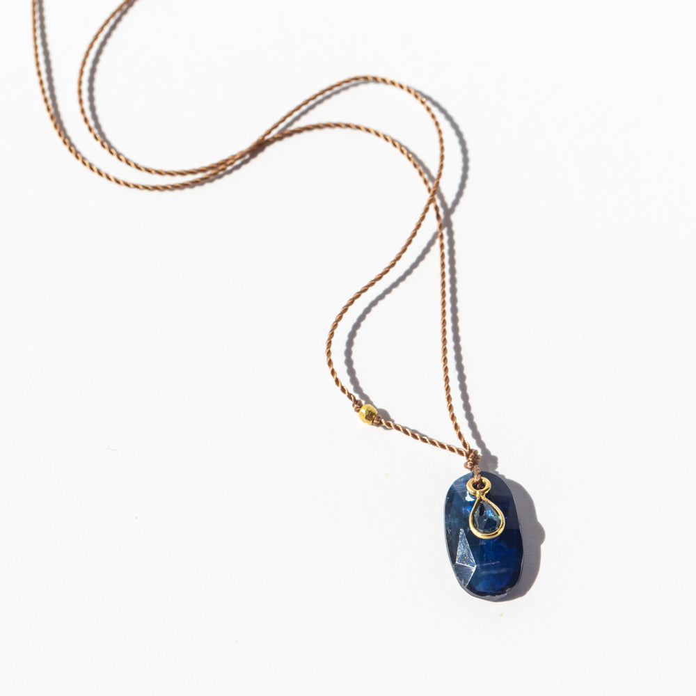 Elongated Oval Kyanite Cord Necklace with Tiny Teardrop Sapphire Dangle